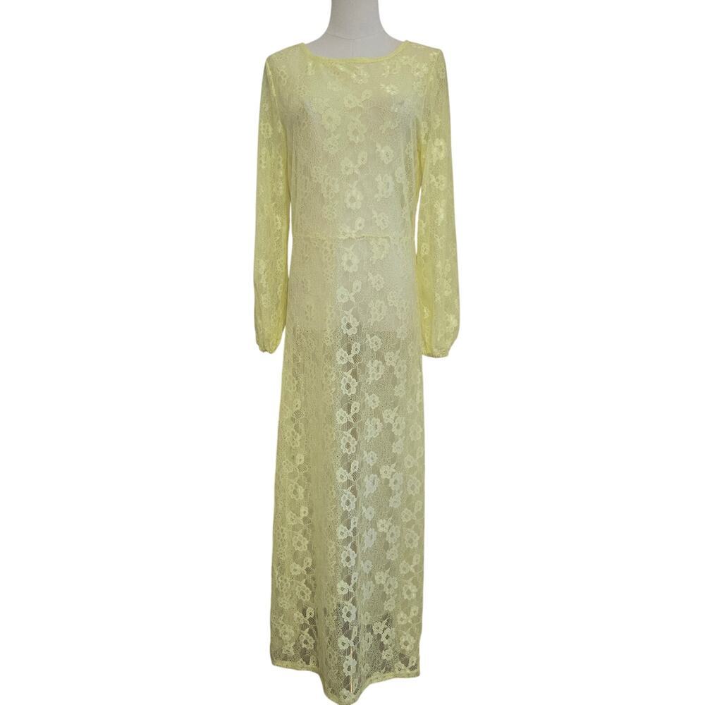Open Edit Yellow Floral Sheer Lace Maxi Dress M Deep V Back Cottage Boho Y2K